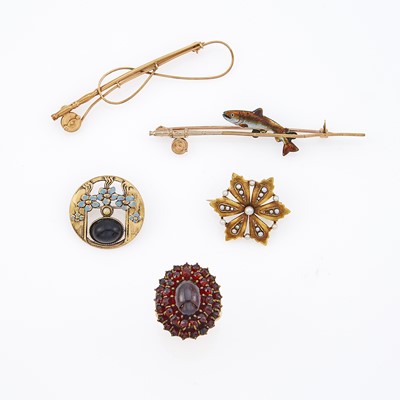 Lot 2117 - Group of Four Antique Gold and Silver Pins and Garnet Ring