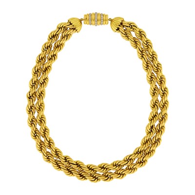 Lot 1083 - Double Strand Rope-Twist Gold Chain Necklace with Gold and Diamond Clasp