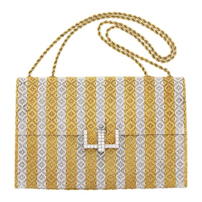 Lot 176 - Two-Color Gold and Diamond Mesh Evening Purse with Double Strand Carrying Chain