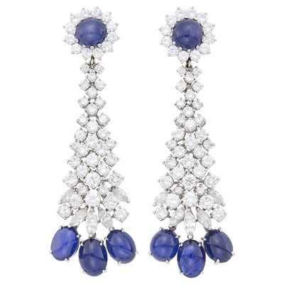Lot 250 - Pair of Platinum, Diamond and Cabochon Sapphire Pendant-Earclips