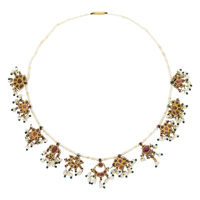 Lot 2162 - Indian High Karat Gold, Low Karat Gold, Freshwater Pearl, Jaipur Enamel and Gem-Set Fringe Necklace