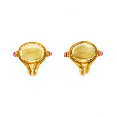 Lot 2031 - Pair of Gold, Cabochon Citrine and Ruby Earclips