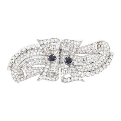 Lot 217 - Platinum, Diamond and Sapphire Double Clip-Brooch, France