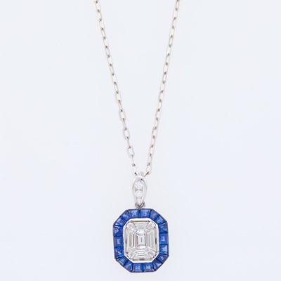 Lot 2184 - White Gold, Diamond and Sapphire Pendant and Chain