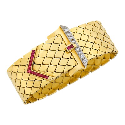 Lot 1090 - Gold, Platinum, Ruby and Diamond Buckle Slide Bracelet