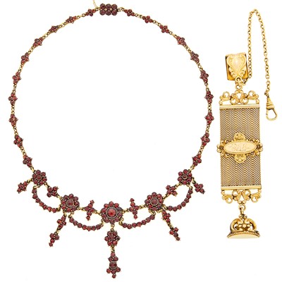 Lot 1155 - Antique Silver-Gilt and Garnet Necklace and Gold-Filled Watch Fob