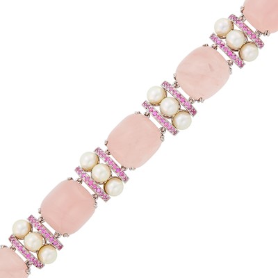 Lot 123 - Seaman Schepps White Gold, Rose Quartz, Cultured Pearl and Pink Sapphire Bracelet