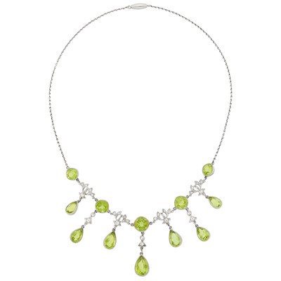 Lot 1155 - Edwardian Platinum, Gold, Peridot and Diamond Fringe Necklace