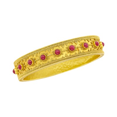 Lot 21 - Ilias Lalaounis Gold and Cabochon Ruby Bangle Bracelet