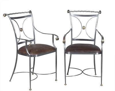 Lot 257 - Set of Four French Steel and Brass Armchairs