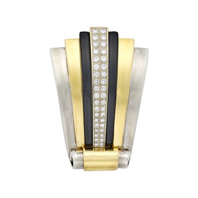 Lot 157 - Jean Puiforcat Gold, Silver, Black Onyx and Diamond Scroll Brooch, France