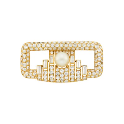 Lot 108 - Rose Gold, Cultured Pearl and Diamond Brooch