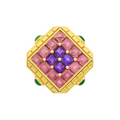 Lot 129 - Bulgari Gold, Pink Tourmaline, Amethyst and Cabochon Emerald Clip-Brooch, France