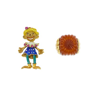 Lot 2033 - Gold and Carved Carnelian Dome Ring and Enamel Clown Pin