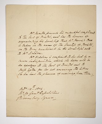 Lot 5245 - An uncommon 1804 letter from John Philip Kemble about Sarah Siddons