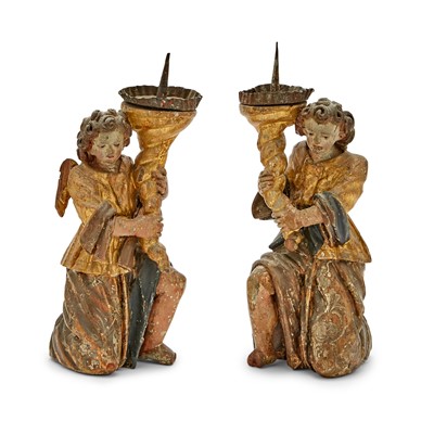 Lot 631 - Pair of Italian Polychromed and Parcel-Gilt Carved Wood Figural Candlesticks