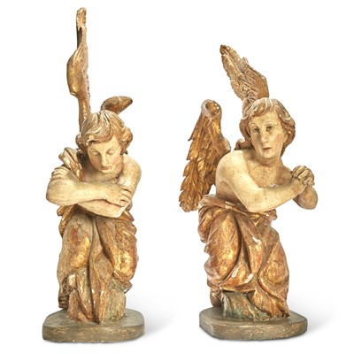 Lot 632 - Pair of Italian Polychromed and Parcel-Gilt Carved Wood  Figures of Angels