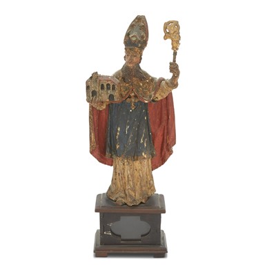 Lot 634 - Continental Polychromed Figure of a Bishop Holding a Church