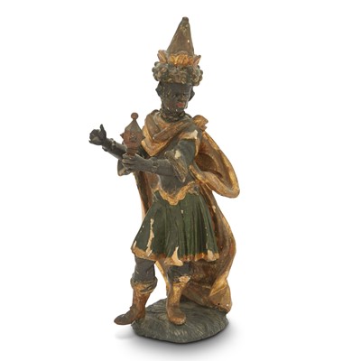 Lot 640 - Continental Polychromed and Parcel-Gilt Carved Wood Figure of Balthazar