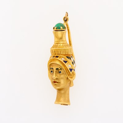 Lot 2027 - Gold, Enamel and Cabochon Emerald Italian Woman Vinaigrette Pendant