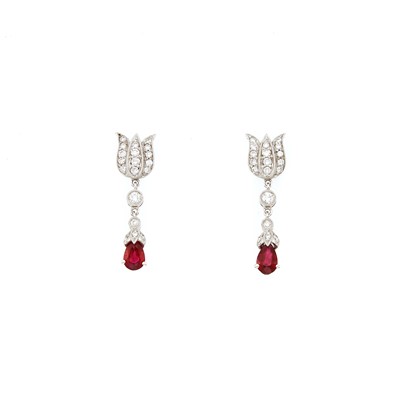 Lot 2177 - Pair of White Gold, Ruby and Diamond Earrings