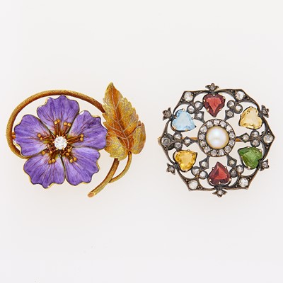Lot 2102 - Silver, Gold and Gem-Set Brooch and Tricolor Gold, Enamel and Diamond Flower Brooch