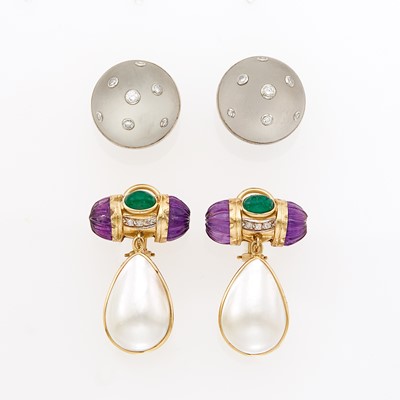 Lot 1204 - Trianon Pair of Gold, Frosted Rock Crystal and Diamond Earrings and Gem-Set Pendant-Earrings