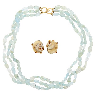 Lot 2188 - Maz Triple Strand Aquamarine Bead Necklace and Pair of Shell and Cabochon Citrine Earrings