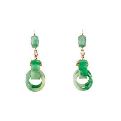 Lot 2144 - Pair of Gold, Jade and Diamond Pendant-Earrings
