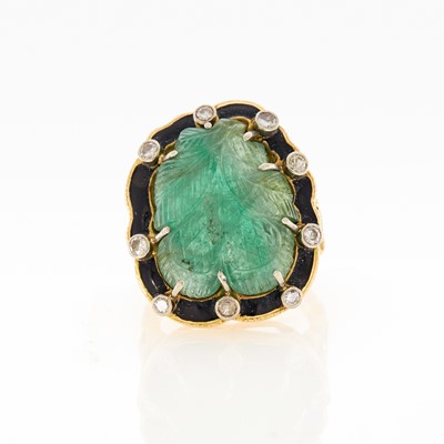 Lot 2124 - Gold, Carved Emerald, Black Enamel and Diamond Ring