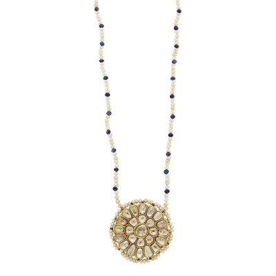 Lot 2163 - Indian Gold, Enamel, Pearl and White Sapphire and Sapphire Bead Pendant-Necklace