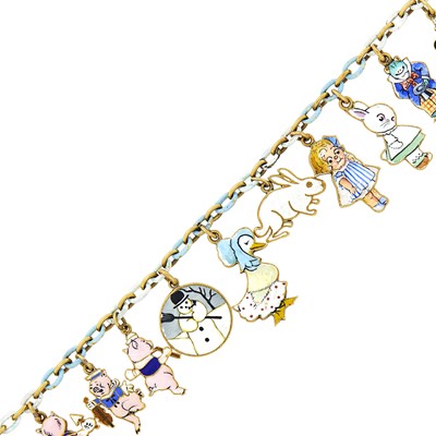 Lot 72 - Gold and Enamel 'Children's Story' Charm Bracelet