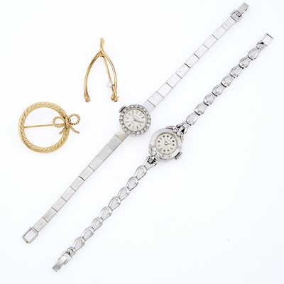 Lot 2168 - Two Gold Pins and Two White Gold and Diamond Wristwatches