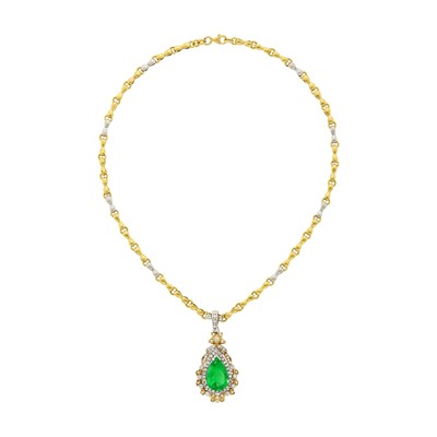 Lot 118 - Two-Color Gold, Emerald and Diamond Pendant with Two-Color Gold Chain Necklace