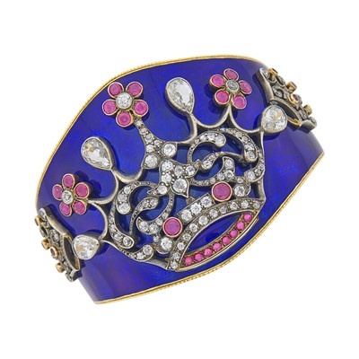 Lot 1041 - Antique Gold, Silver, Blue Enamel, Diamond and Ruby Cuff Bangle Bracelet