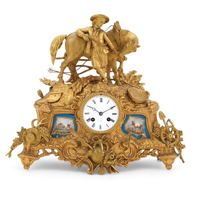 Lot 291 - Napoleon III Gilt-Metal and Sèvres Style Porcelain Mounted Figural Mantel Clock