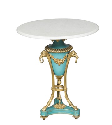 Lot 389 - Empire Style Gilt-Metal and Turquoise Ground Porcelain Marble Top Table