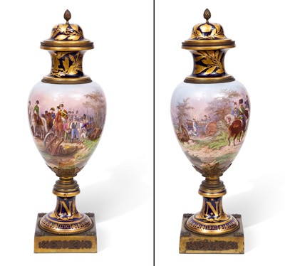 Lot 256 - Pair of Oversize Sèvres Style Napoleonic-Themed Gilt-Metal Mounted Porcelain Urns and Covers