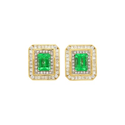 Lot 1161 - Pair of Gold, Emerald and Diamond Earrings