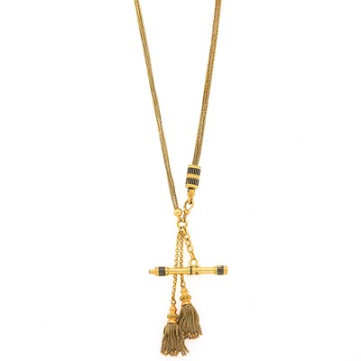 Lot 2128 - Gold and Black Enamel Fringe Watch Fob and Chain Necklace