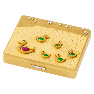 Lot 206 - Cartier Gold, Platinum, Cabochon Ruby and Emerald and Diamond Compact
