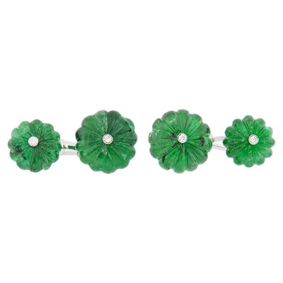 Lot 1058 - Pair of White Gold, Carved Emerald and Diamond Cufflinks