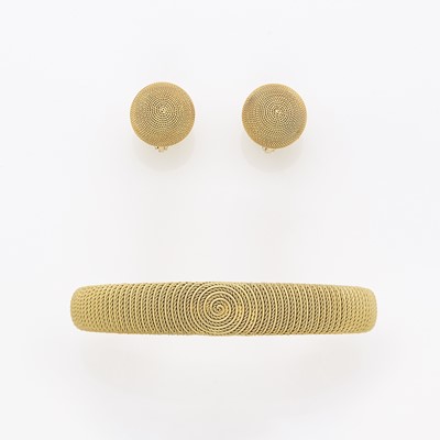 Lot 1122 - Gold Bangle Bracelet and Pair of Earrings