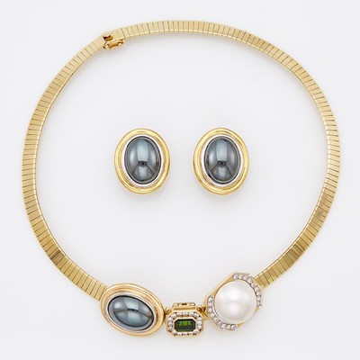 Lot 1212 - Two-Color Gold, Hematite, Mabé Pearl, Tourmaline and Diamond Necklace and Pair of Earrings