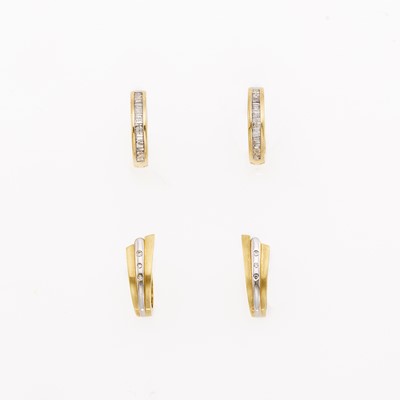 Lot 1216 - Two Pairs of Two-Color Gold and Diamond Hoop Earrings