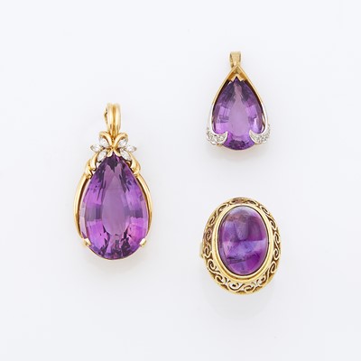 Lot 1213 - Gold, Amethyst and Diamond Pendant, Enhancer and Ring