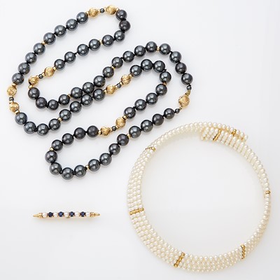 Lot 1249 - Multistrand Freshwater Pearl Choker Necklace, Hematite Bead Necklace, and Sapphire and Cultured Pearl Bar Pin