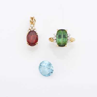 Lot 1245 - Gold, Tourmaline and Diamond Ring, Garnet Pendant and Unmounted Blue Topaz
