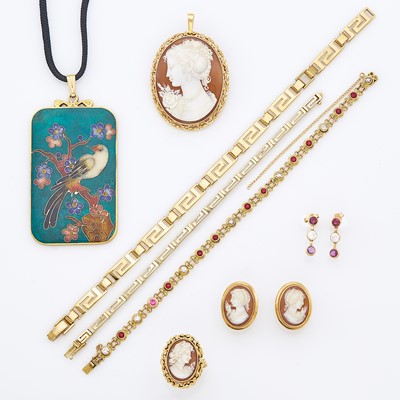 Lot 1200 - Group of Gold, Low Karat Gold, Gilt-Metal, Cameo and Cloisonné Enamel Jewelry