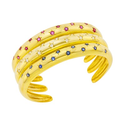 Lot 1080 - Two-Color Gold, Diamond, Ruby and Sapphire Cuff Bangle Bracelet